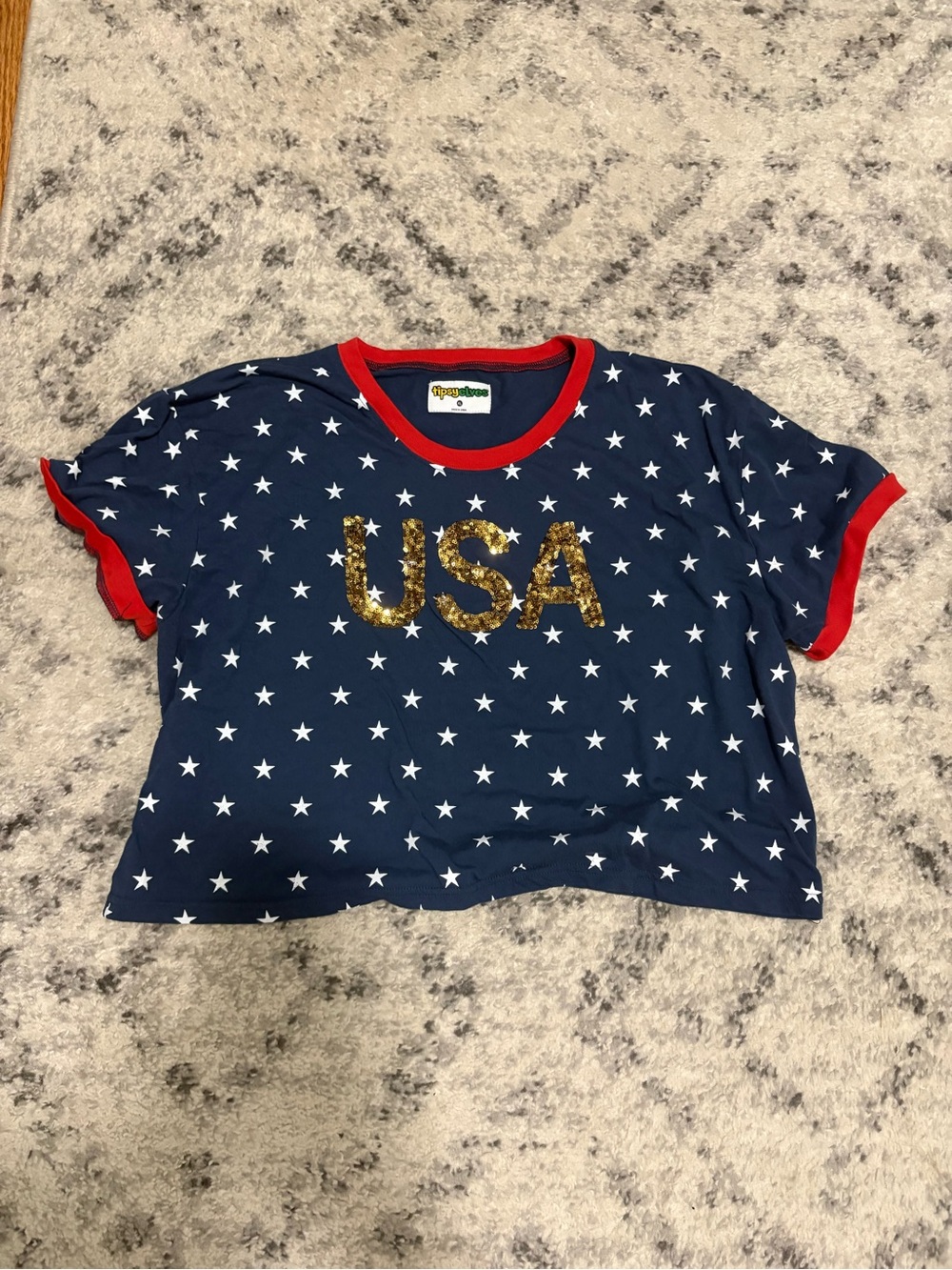 Tipsy Elves Navy Star Crop Top with Gold Sequin USA and Red Trim